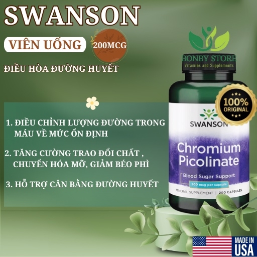 Viên uống hỗ trợ tim mạch, cân bằng đường huyết và giảm cân Swanson Chromium Picolinate 200mcg 200 viên
