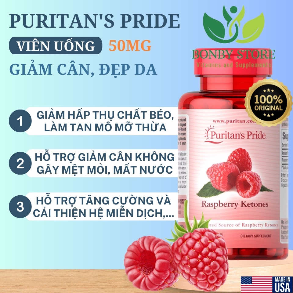 Viên uống hỗ trợ giảm cân Raspberry Ketones Puritan's Pride 120 viên