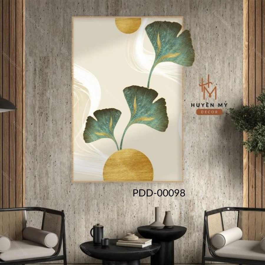 Tranh Tráng Gương Phù điêu 3D treo tường Lá Bạch Quả Decor Cao cấp PDD-00098