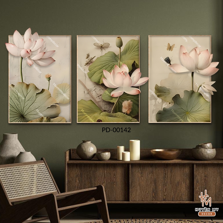 Bộ 3 Tranh Tráng Gương Phù Điêu Hoa Sen Trang Trí Không Gian Hiện Đại Huyền My Decor PD-00142