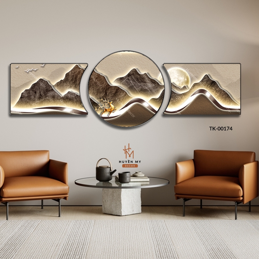 Bộ 3 Tranh Khuyết Tráng Gương Hươu Nai, Trăng Núi Phong Thủy Trang Trí Phòng Khách Huyền My Decor TK-00174