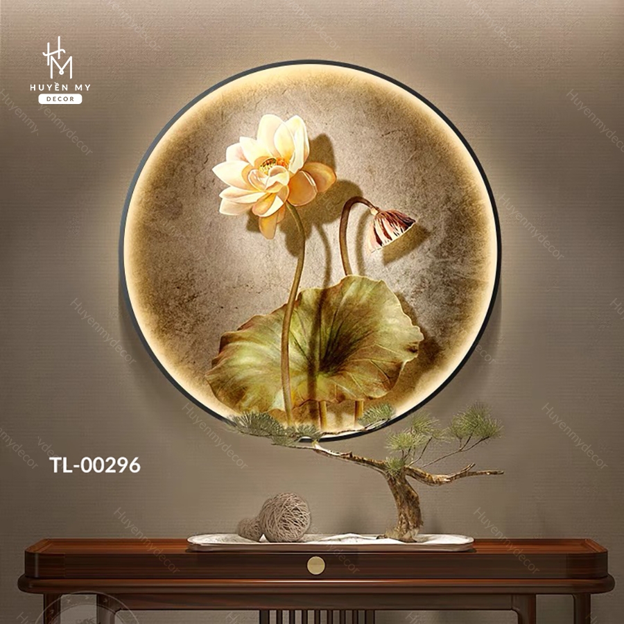 Tranh Tròn Led Hoa Sen Chất Liệu Tráng Gương Trang Trí Không Gian Huyền My Decor TL-00296