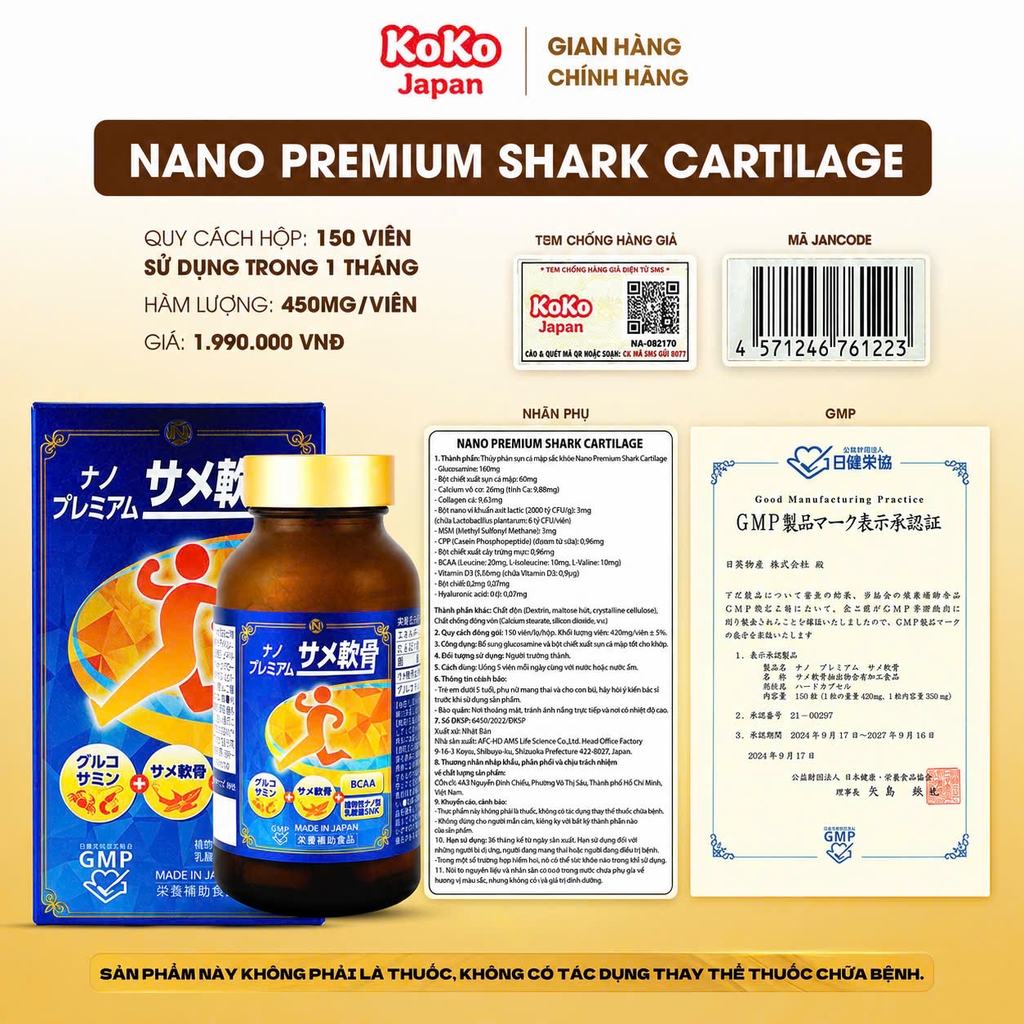 Viên uống hỗ trợ Xương Khớp NANO PREMIUM SHARK CARTILAGE 150 viên