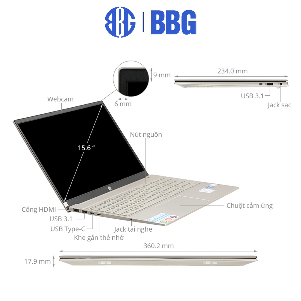 Máy tính xách tay Laptop HP Pavilion 15-eg0540TU (Core i5-1135G7/8GD4/256GSSD/15.6FHD/BT5/3C41WHr/BẠC/VÀNG/W11SL)