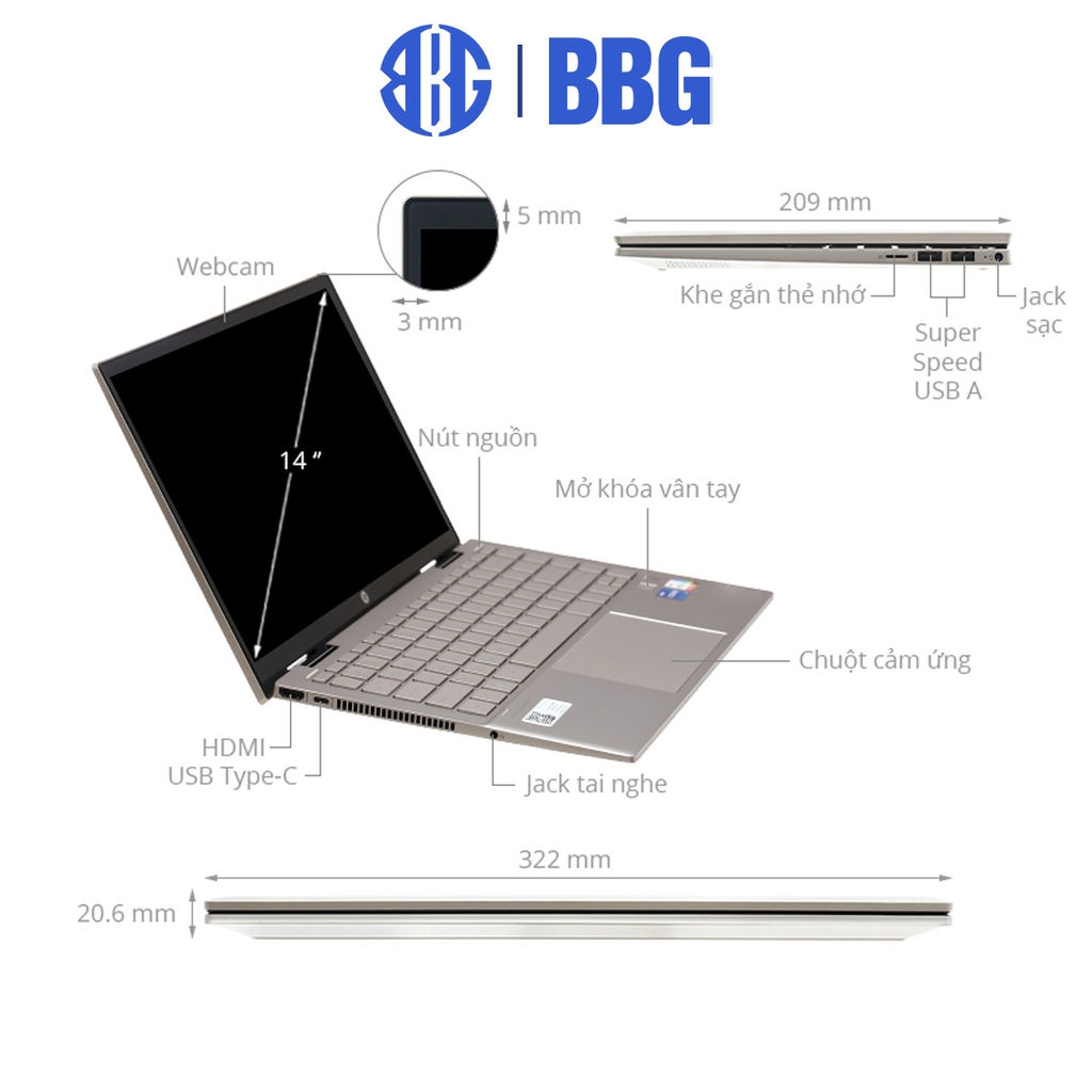 Máy tính xách tay Laptop HP Pavilion X360 14-dy0075TU (Core i7-1165G7/8GD4/512GSSD/14.0FHDT/PEN/3C43W/VÀNG/W11SL)
