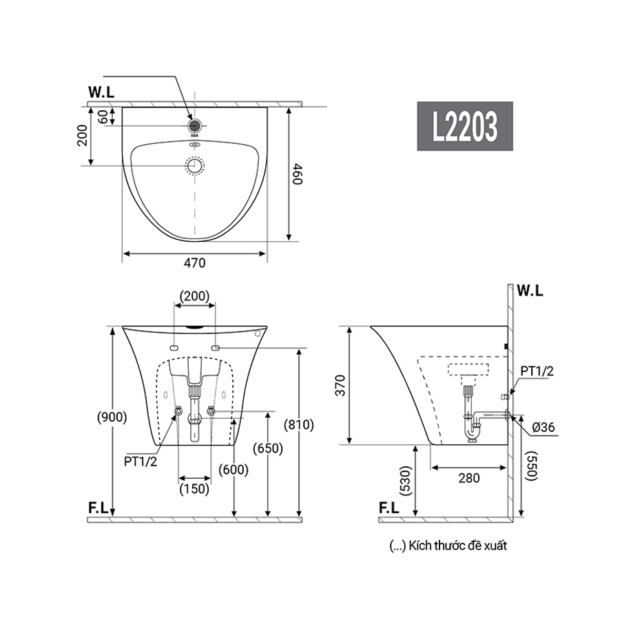 Chậu Lavabo Treo Tường Liền Chân L2203