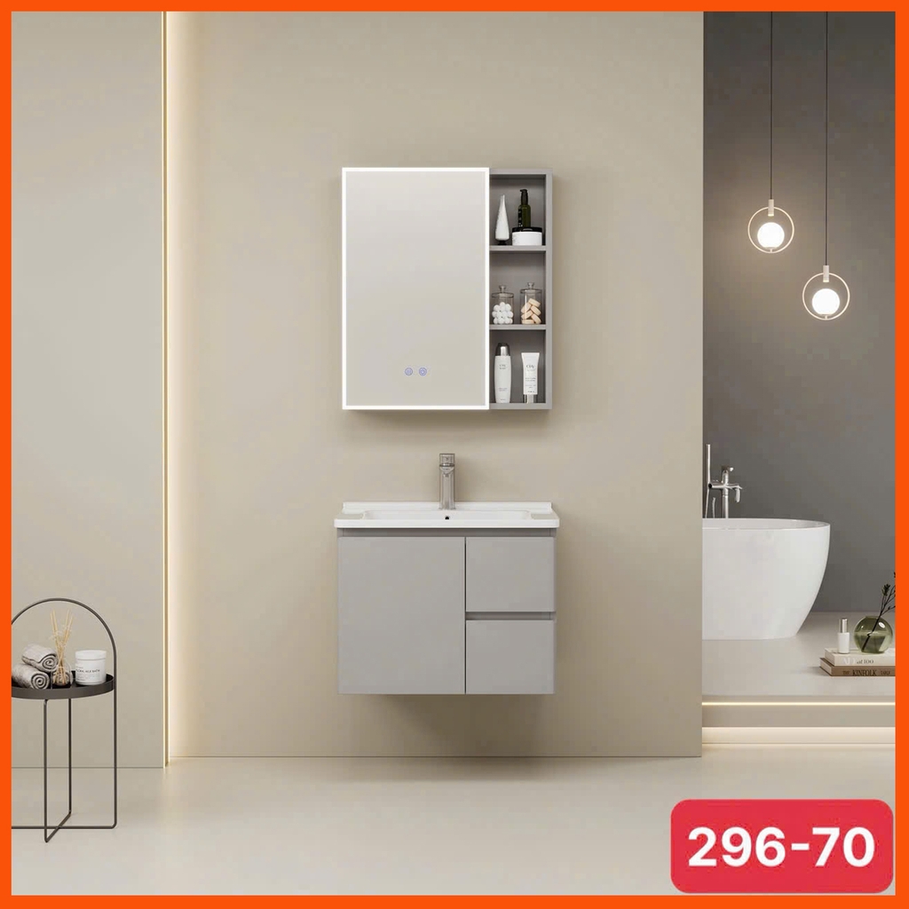 Bồn Rửa Mặt Có Tủ 296 – Thiết Kế Hiện Đại, Tủ inox , Kèm Gương LED Cảm Ứng