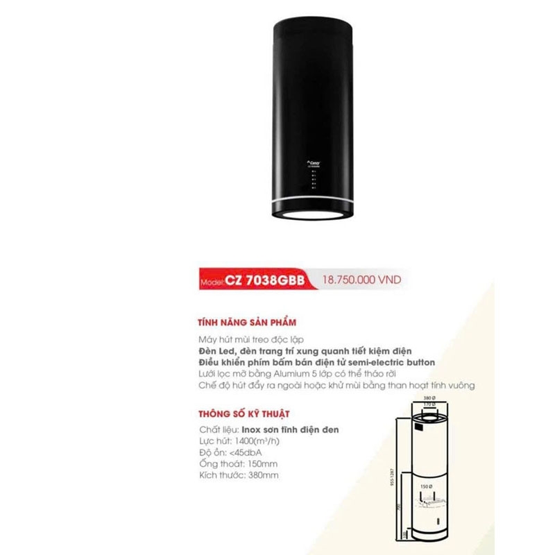 Máy Hút Mùi Độc Lập Canzy CZ 7038GBB