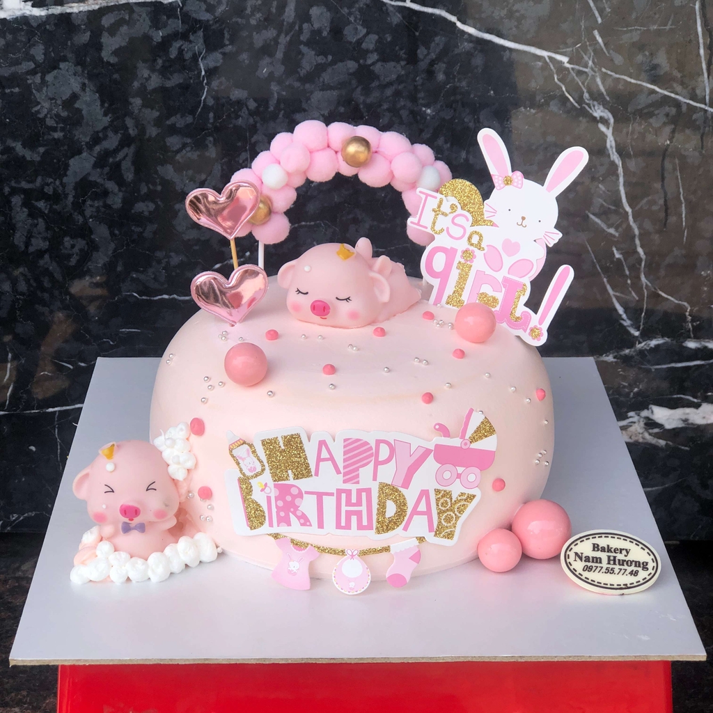 Bánh sinh nhật màu hồng cho bé gái dễ thương hình đôi heo ngộ ...