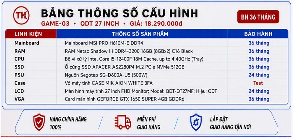 PC Game 03 MIK AION i5-12400F/ VGA GTX 1650 + Màn Hình 27 inch