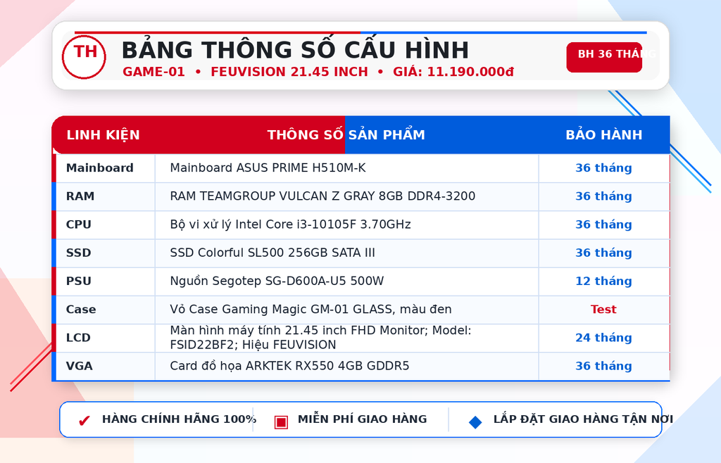 PC Game 01 Bễ Cá i3-10105F/ VGA RX550 + Màn Hình 22 inch
