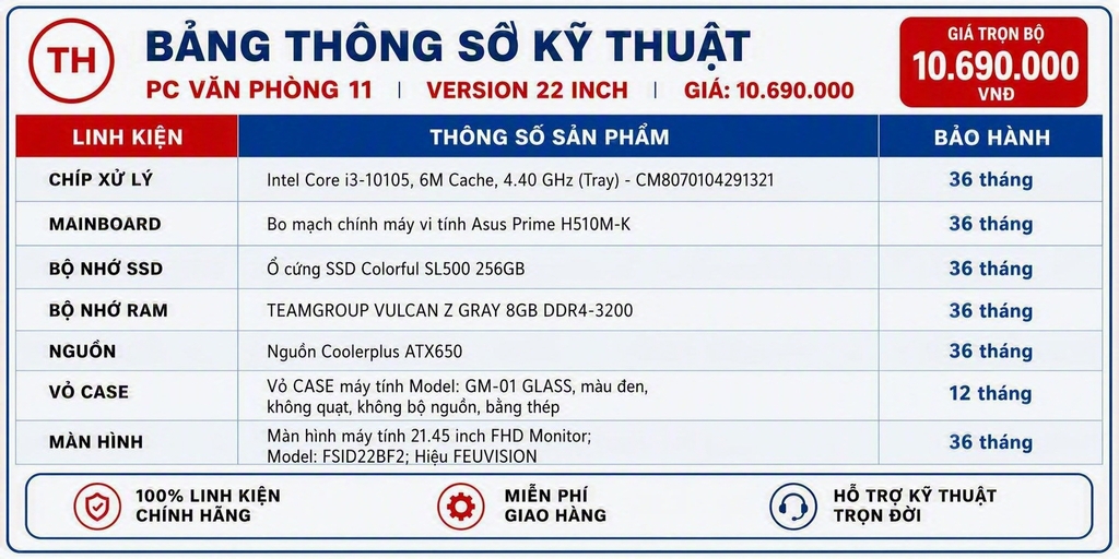 PC Văn Phòng VP-11 Bễ Cá Intel i3-10105/ Màn hình máy tính 21.45 inch FHD