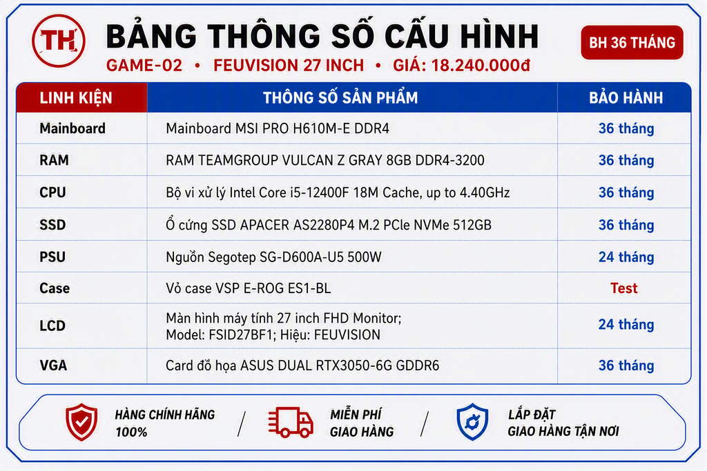 PC Game 02 E-ROG ES1-BL i5-12400F/ VGA RTX3050 + Màn Hình 27 inch