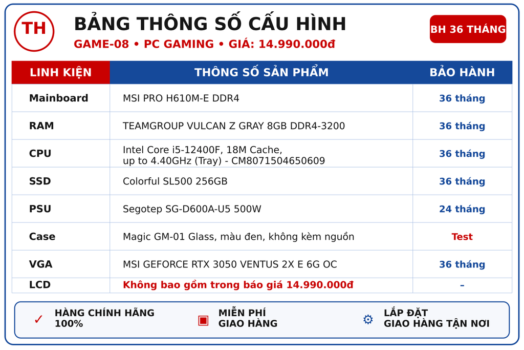 PC Game 08 Magic Bễ cá i5-12400F/ VGA RTX3050 6G