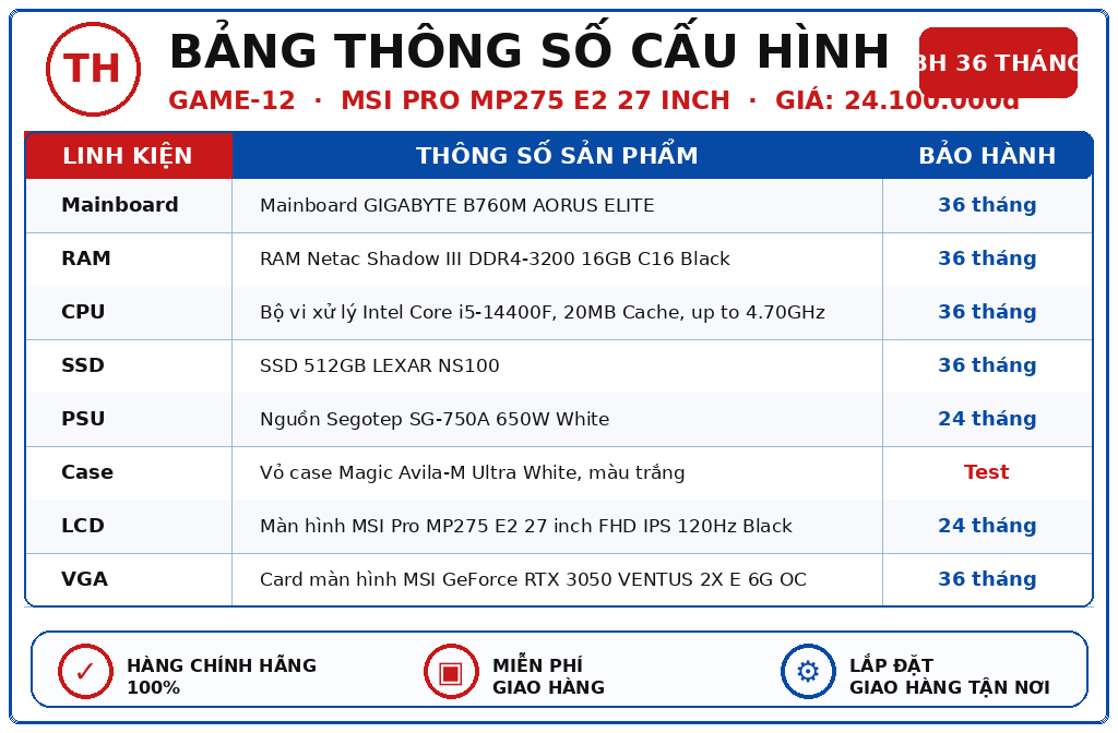 PC Game 12 i5-14400F/ VGA RTX 3050 6GB + Màn Hình MSI Pro MP275