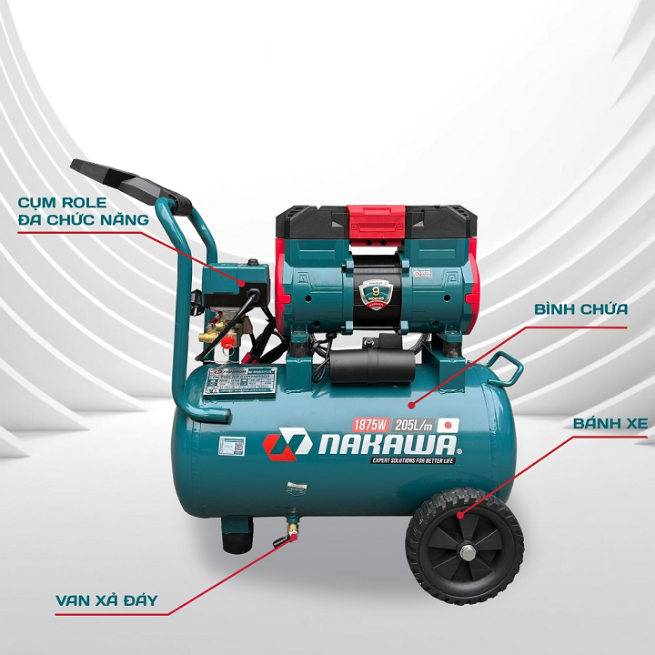 Máy nén khí không dầu tốc nhanh siêu êm 1875W NAKAWA NKBH2530PLUS 30L