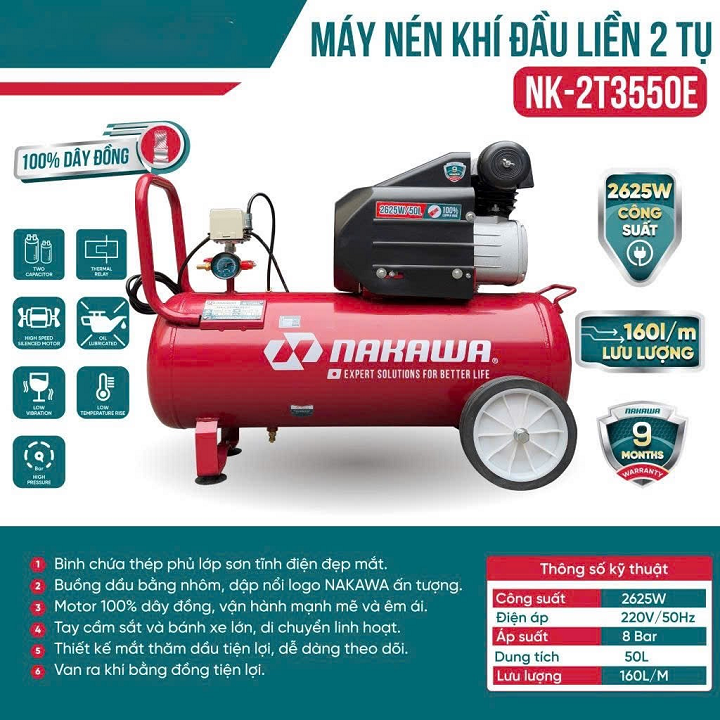 Máy nén khí đầu liền 2 tụ 3.5HP NAKAWA NK2T3550E 50L