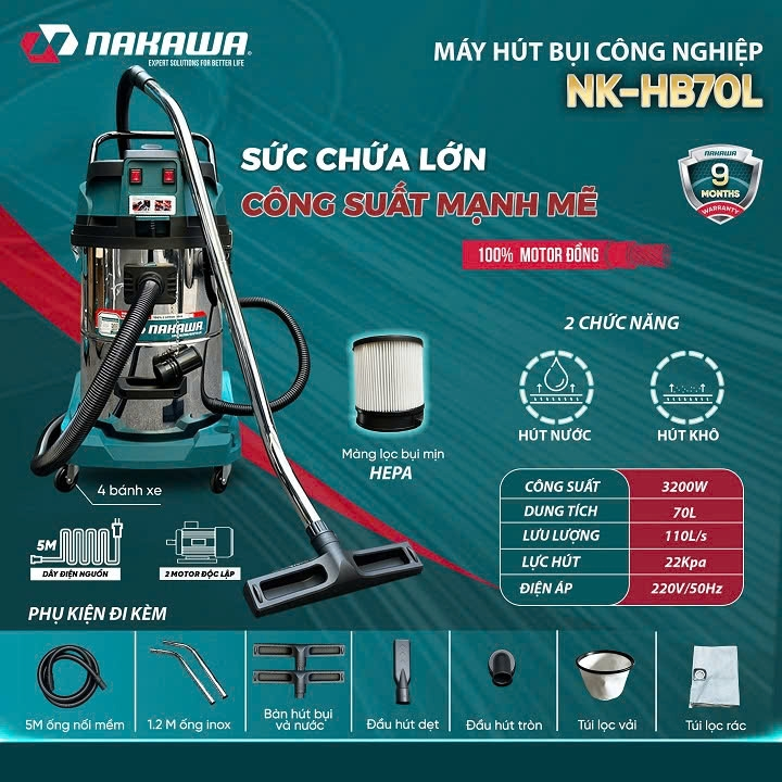 Máy hút bụi Nakawa 3200W 70L NK-HB70L khô ướt thổi bụi