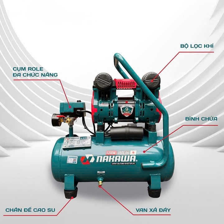 Máy nén khí không dầu tốc nhanh siêu êm 1200W NAKAWA NKBH1615E 15L