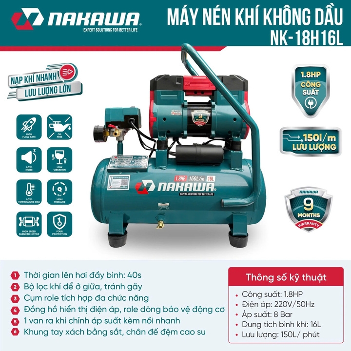 Máy nén khí không dầu tốc nhanh siêu êm 1.8HP NAKAWA NK-18H16L