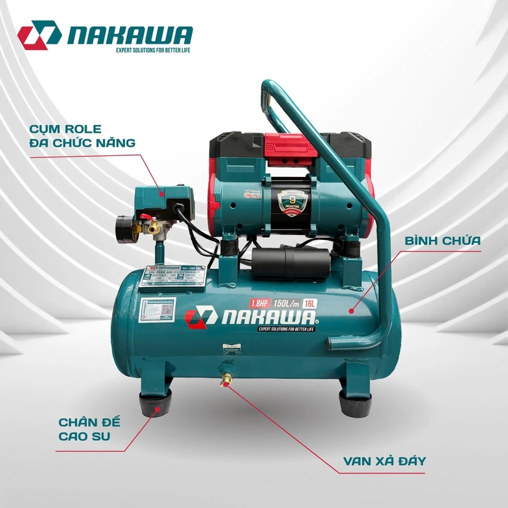 Máy nén khí không dầu tốc nhanh siêu êm 1.8HP NAKAWA NK-18H16L