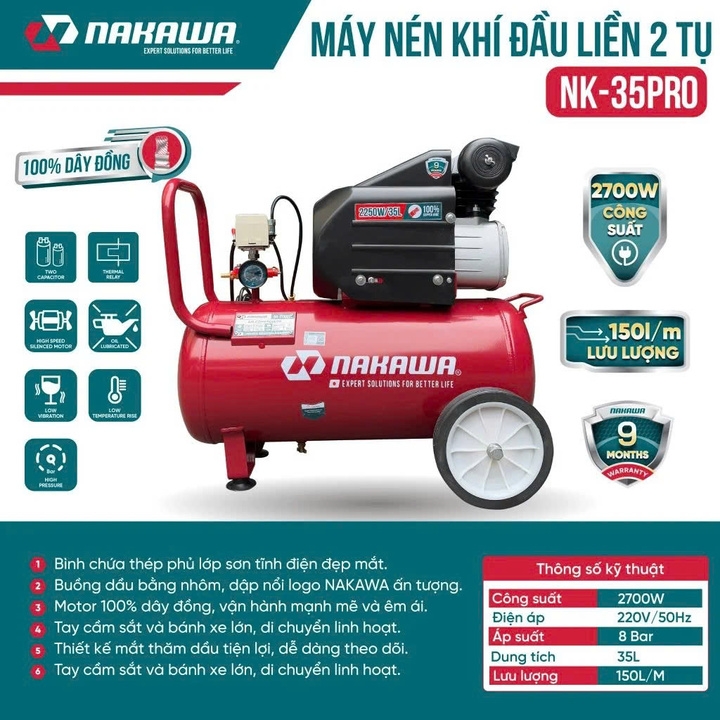 Máy nén khí đầu liền có dầu 3.6HP NAKAWA NK35PRO 35L