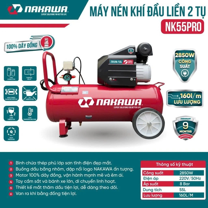 Máy nén khí đầu liền có dầu 3.8HP NAKAWA NK55PRO 55L