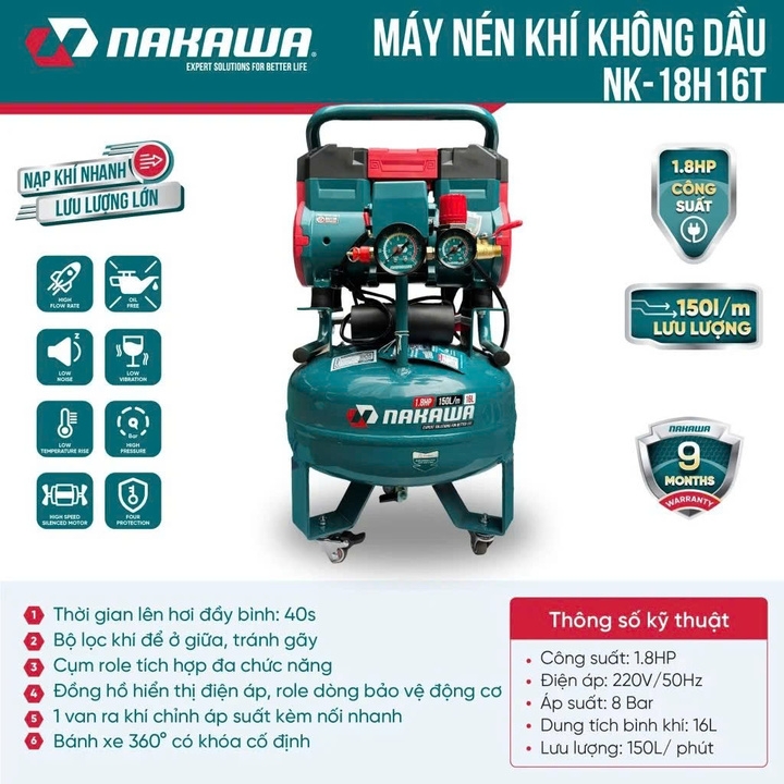 Máy nén khí không dầu NAKAWA 1.8HP NK-18H16T 16L