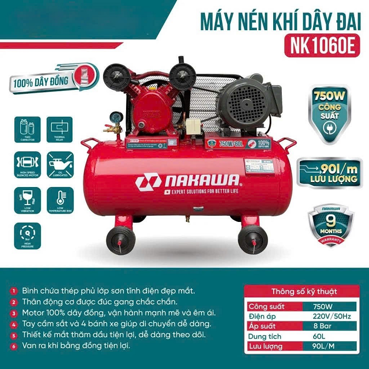Máy nén khí dây đai 1HP NAKAWA NK1060E 60L