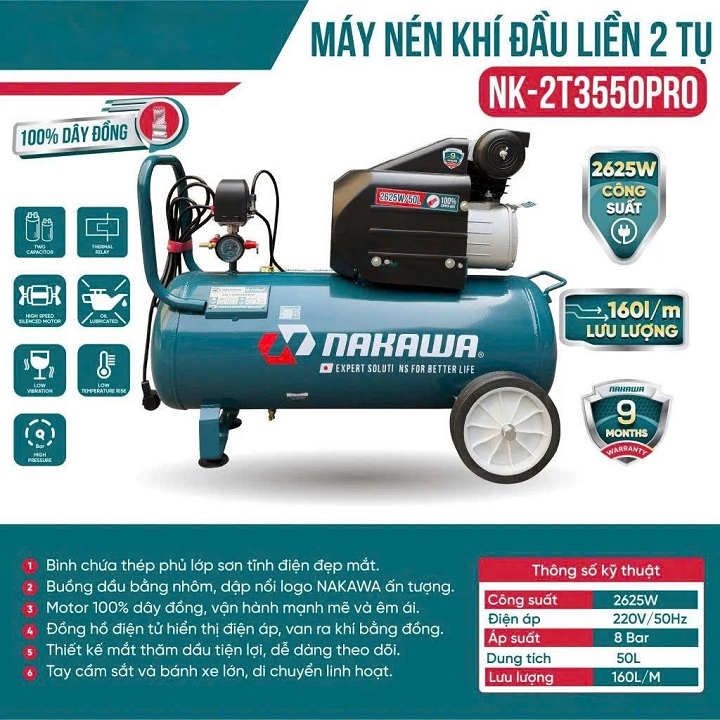 Máy nén khí đầu liền 2 tụ 3.5HP NAKAWA NK2T3550PRO 50L