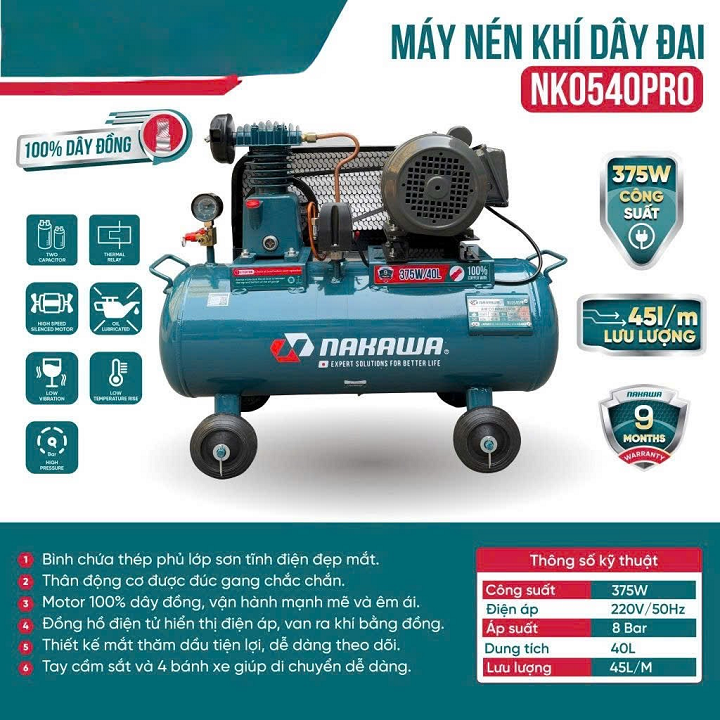 Máy nén khí dây đai 1/2HP NAKAWA NK0540PRO 40L