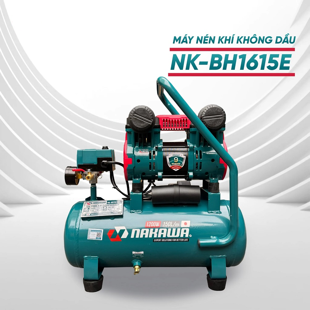Máy nén khí không dầu tốc nhanh siêu êm 1200W NAKAWA NKBH1615E 15L