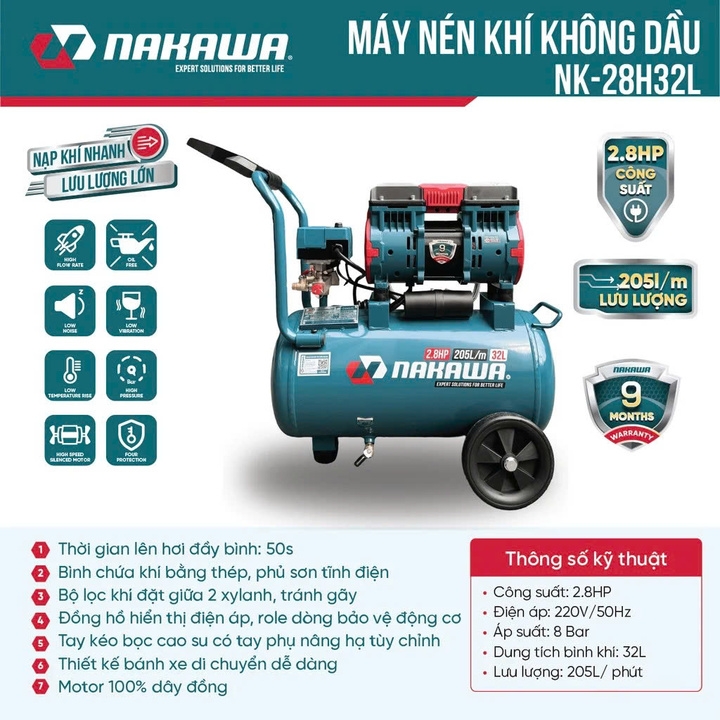 Máy nén khí không dầu tốc nhanh siêu êm NAKAWA 2.8HP NK-28H32L