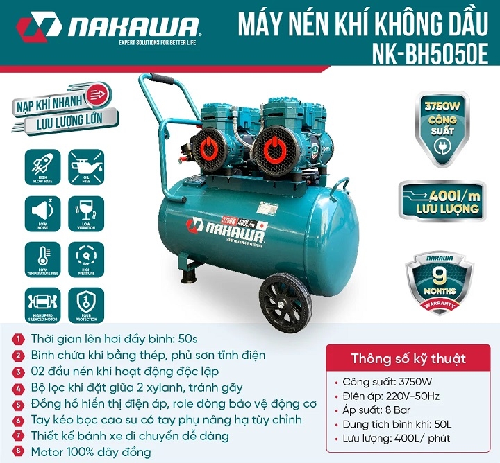 Máy nén khí không dầu tốc nhanh siêu êm NAKAWA NKBH5050E 50L