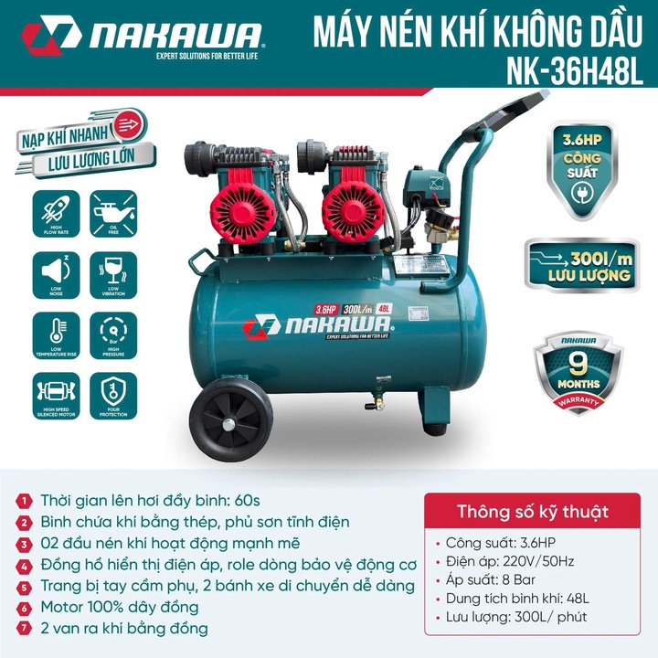Máy nén khí không dầu NAKAWA 3.6HP NK-36H48L
