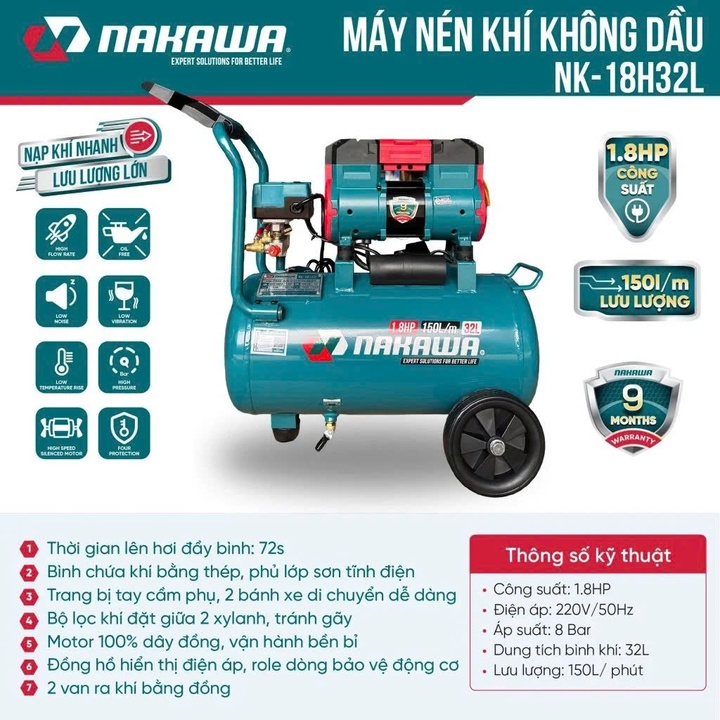 Máy nén khí không dầu NAKAWA 1.8HP NK-18H32L