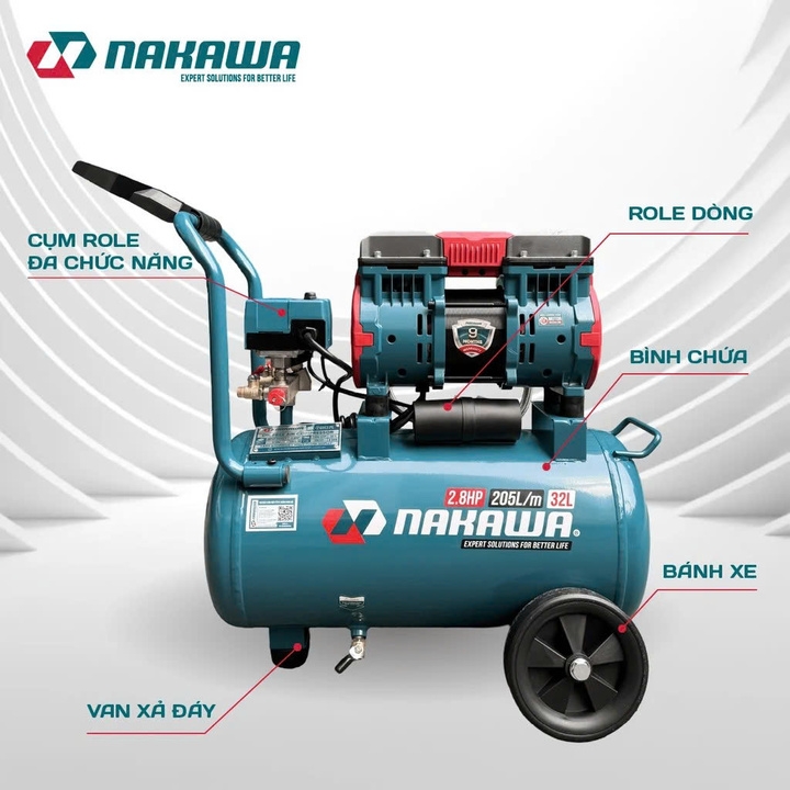 Máy nén khí không dầu tốc nhanh siêu êm NAKAWA 2.8HP NK-28H32L