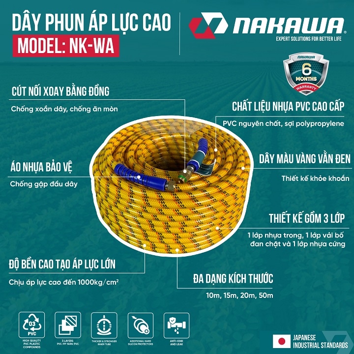 Dây phun xịt áp lực cao NAKAWA 8.5mm NK-WA100 dài 100 mét