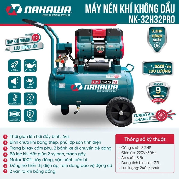 Máy nén khí không dầu tốc nhanh siêu êm NAKAWA 3.2HP NK-32H32PRO