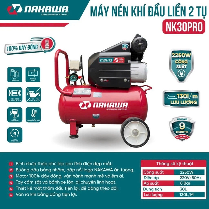 Máy nén khí đầu liền có dầu 3HP NAKAWA NK30PRO 30L