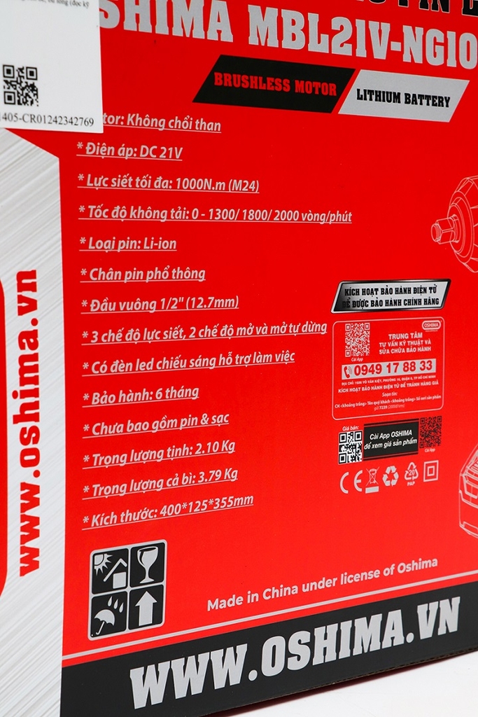 Máy Mở Bu Lông Pin Lithium Oshima MBL21V-NG1000N-D3 (Đã Bao Gồm Pin, Sạc)