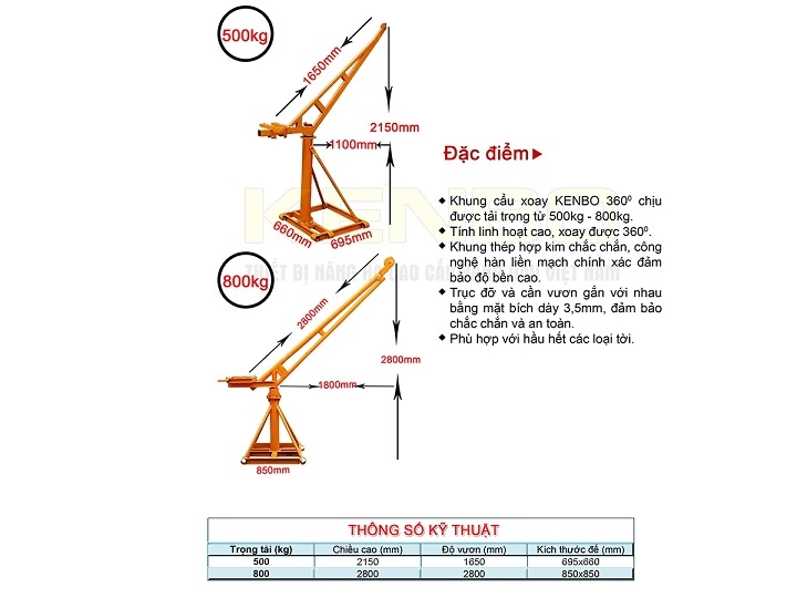 Khung cẩu xoay 360 độ Kenbo 500kg 2 tay giằng (không kèm tời)