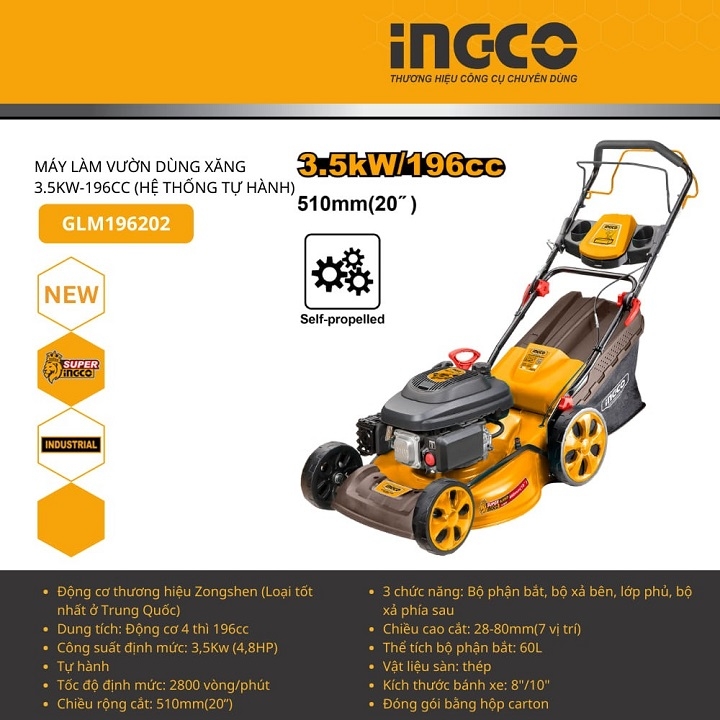 Máy cắt cỏ đẩy tay chạy xăng 4.8HP INGCO GLM196202