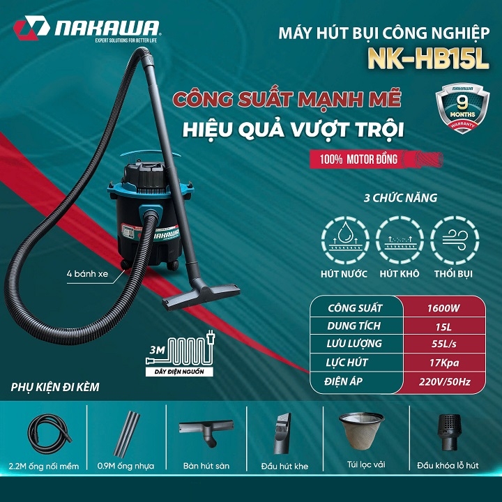 Máy hút bụi Nakawa 1600W 15L NK-HB15L khô ướt thổi bụi