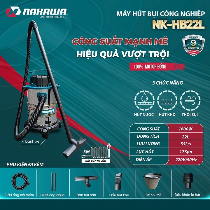 Máy hút bụi Nakawa 1600W 22L NK-HB22L khô ướt thổi bụi