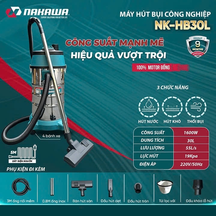 Máy Hút Bụi Nakawa 1600W 30L NK-HB30L Khô Ướt, Thổi Bụi