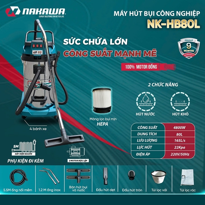Máy hút bụi Nakawa 4800W 80L NK-HB80L khô ướt thổi bụi