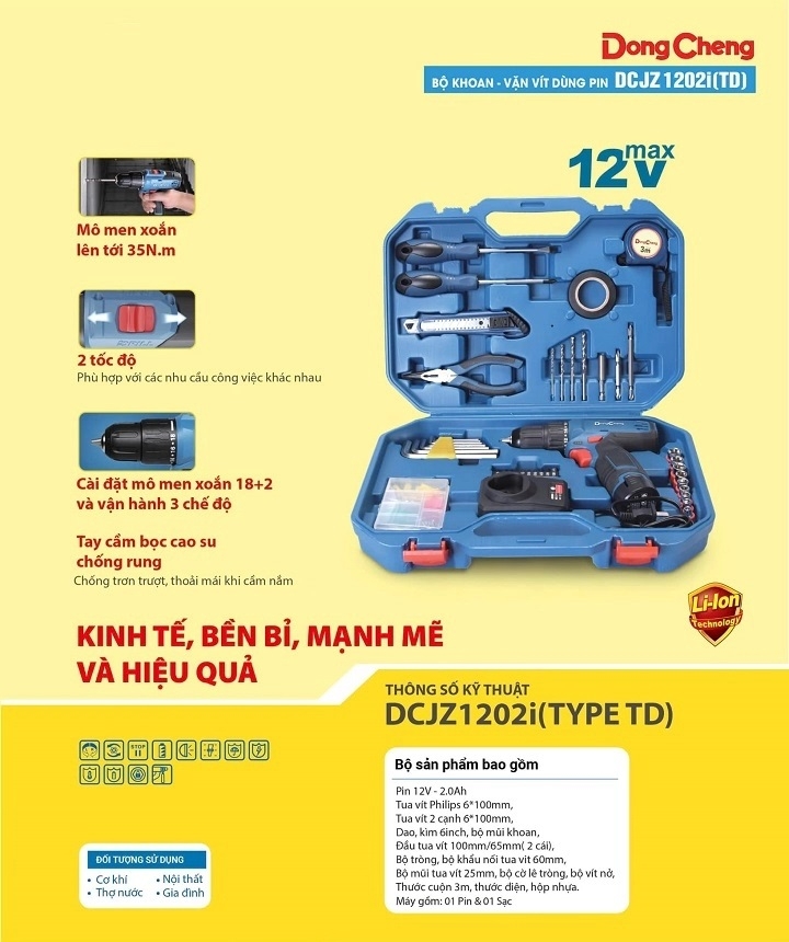 Máy khoan vặn vít dùng pin 12V Dongcheng DCJZ1202i (TD)