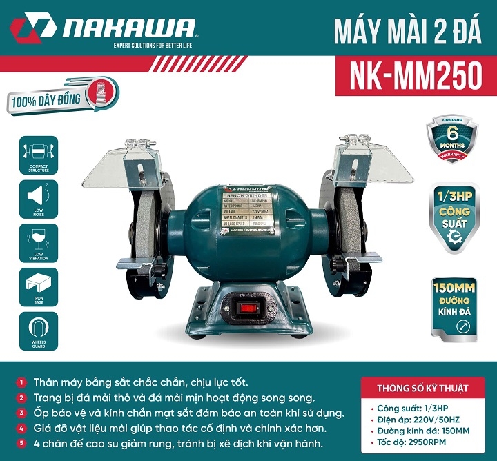 Máy mài hai đá NAKAWA 250W 1/3HP NK-MM250