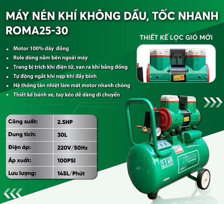 Máy Nén Khí Không Dầu 2.5HP Romano RM26H30L 30L Lên Hơi Nhanh